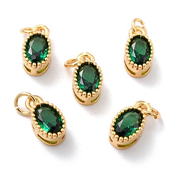 Real 18K Gold Plated Brass Inlaid Cubic Zirconia Charms, with Jump Ring, Long-Lasting Plated, Oval, Green, 9.5x5x4mm, Jump Ring: 4x0.5mm, 2.5mm Inner Diameter