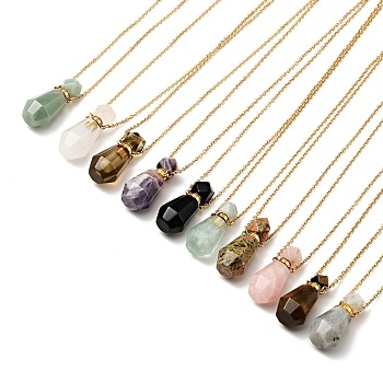 Openable Faceted Natural & Synthetic Mixed Stone Perfume Bottle Pendant Necklaces for Women, 304 Stainless Steel Cable Chain Necklaces, Golden, 18.74 inch(47.6cm)