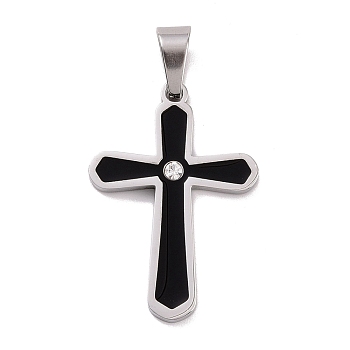 304 Stainless Steel Pendants, with Rhinestone and Enamel, Cross, Stainless Steel Color, 34x24x2.5mm, Hole: 9x5mm