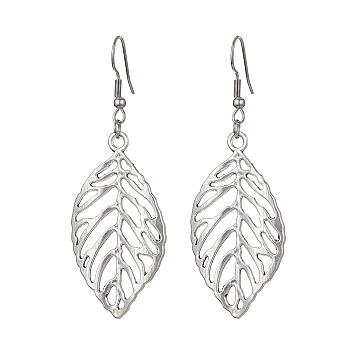 Alloy Leaf Dangle Earrings with 304 Stainless Steel Pins, Antique Silver, 70x26mm