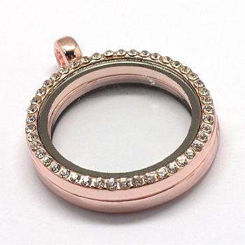 Flat Round Alloy Glass Magnetic Locket Pendants, Photo Frame Living Memory Floating Charms, with Rhinestones, Rose Gold, 36.2x29.5x7mm, Hole: 3.5mm, Inner Measure: 22.2mm