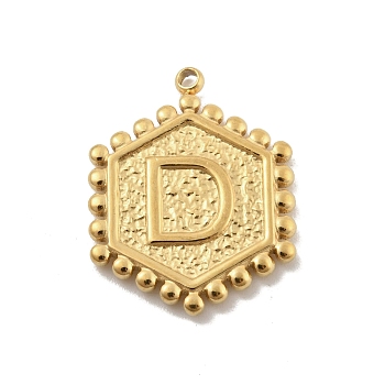 201 Stainless Steel Pendants, Golden, Hexagon with Letter Charm, Letter D, 21x16.5x2mm, Hole: 1.5mm
