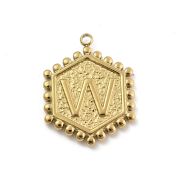 201 Stainless Steel Pendants, Golden, Hexagon with Letter Charm, Letter W, 21x16.5x2mm, Hole: 1.5mm
