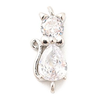 Brass Micro Pave Cubic Zirconia Kitten Links connectors, Cat, Clear, Platinum, 18x8x5mm, Hole: 1.2mm