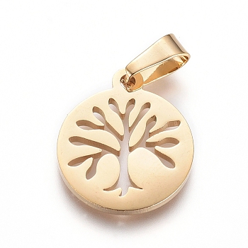 304 Stainless Steel Pendants, Flat Round with Tree of Life, Golden, 16x13.5x1.3mm, Hole: 6x3mm