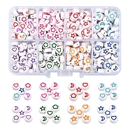 400Pcs 8 Colors White Opaque Acrylic Beads, Flat Round with Heart & Flower & Moon & Star, Mixed Color, 7x4mm, Hole: 1.6mm, 50pcs/box(MACR-YW0001-87)