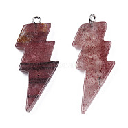 Natural Strawberry Quartz Pendants, Lightning Bolt Charm, with Stainless Steel Color Tone 304 Stainless Steel Loops, 40~44.5x17~20x4.5~6mm, Hole: 2mm(G-N332-53-A12)