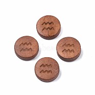 Laser Engraved Wood Beads, Flat Round with 12 Constellations, Dyed, Camel, Aquarius, 12x4mm, Hole: 1.6mm(WOOD-S053-53B)
