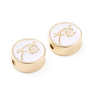 Brass Enamel Beads, Long-Lasting Plated, Flat Round with Stethoscope, White, Real 18K Gold Plated, 11x4.5mm, Hole: 1.8mm(KK-F814-02G)