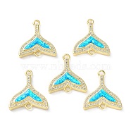Rack Plating Brass Micro Pave Clear Cubic Zirconia Connector Charms, Fishtail Links with Cyan Synthetic Opal, Cadmium Free & Lead Free, Long-Lasting Plated, Real 18K Gold Plated, 21x18.5x3.5mm, Hole: 1.8mm(KK-C041-28G)
