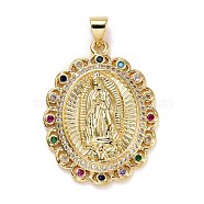 Brass Micro Pave Colorful Cubic Zirconia Pendants, Long-Lasting Plated, Lead Free & Cadmium Free, Oval with Holy Virgin, Religion, Real 18K Gold Plated, 35x23x4mm, Hole: 5x3mm(ZIRC-E165-02G)
