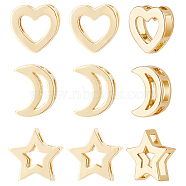 12Pcs 3 Style Brass Slide Charms, Long-Lasting Plated, Star & Moon & Heart, Real 18K Gold Plated, 10~11x8.5~11.5x3.5mm, Hole: 1.5~2x2~5mm, 4pcs/style(KK-BC0008-72)