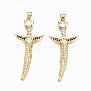 Brass Micro Pave Clear Cubic clear Zirconia Pendants, Nickel free, Sword, Real 16K Gold Plated, 48.5x21x3mm, Hole: 3x5mm(ZIRC-N039-155-NF)