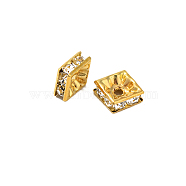 Brass Rhinestone Spacer Beads, Square, Nickel Free, Golden Metal Color, Crystal, 8x8x4mm, Hole: 1mm(RSB074NF-01G)