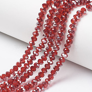 Electroplate Transparent Glass Beads Strands, Half Gray Plated, Faceted, Rondelle, Red, 6x5mm, Hole: 1mm, about 85~88pcs/strand, 16.1~16.5 inch(41~42cm)(EGLA-A034-T6mm-E18)