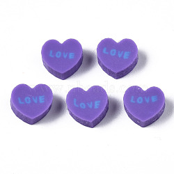 Handmade Polymer Clay Beads, Heart with Word Love, Medium Purple, 8~8.5x9~9.5x4.5mm, Hole: 1.8mm(CLAY-N008-032B)