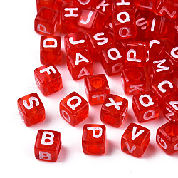 Transparent Acrylic Beads, Cube with White Random Mixed Letters, Red, 6x6x6mm, Hole: 3.5mm(X1-TACR-ywc0001-01A)