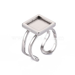 201 Stainless Steel Cuff Pad Ring Settings, Laser Cut, Square, Stainless Steel Color, Tray: 10x10mm, US Size 7 1/4(17.5)~US Size 8(18mm)(X-STAS-S080-041A-P)