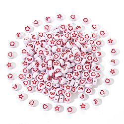 White Opaque Acrylic Beads, Flat Round with Heart & Flower & Moon & Star, FireBrick, 7x4mm, Hole: 1.6mm, 200pcs/set(MACR-YW0001-19D)