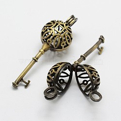 Brass Locket Pendants, Cage Pendants, Ball Cage Pendants, Hollow Key, Antique Bronze, 54x18x17mm, Hole: 3.5x5.5mm, 15mm inner diameter(X-KK-D528-17)