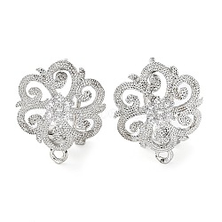 Flower Brass Micro Pave Cubic Zirconia Stud Earrings Finding, with Horizontal Loops, Cadmium Free & Lead Free, Platinum, 18x15mm, Hole: 1.2mm, Pin: 0.8mm(KK-E083-20P)