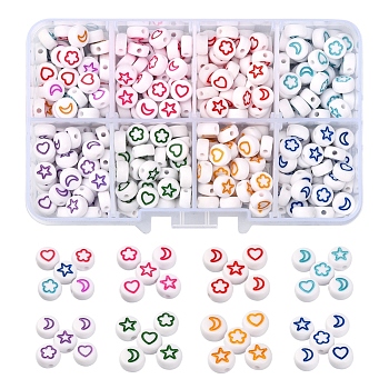400Pcs 8 Colors White Opaque Acrylic Beads, Flat Round with Heart & Flower & Moon & Star, Mixed Color, 7x4mm, Hole: 1.6mm, 50pcs/box