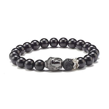 Natural Tourmaline & Lava Rock Round Beads Energy Power Stretch Bracelet for Men Women, Buddha Head Brass Beads Bracelet, Gunmetal, Inner Diameter: 2-1/8 inch(5.5cm)