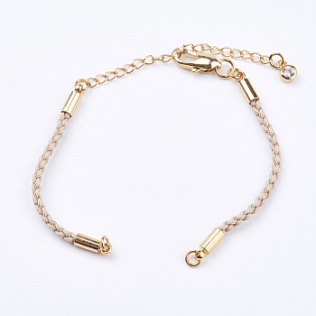 Braided Cotton Cord Bracelet Making, with Brass Lobster Claw Clasps and Extender Chains, with Rhinestone, Golden, Linen, 5-3/8 inch~5-1/2 inch(13.5~14cm), 3mm, Hole: 2mm