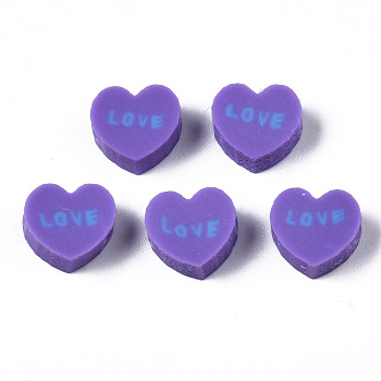 Handmade Polymer Clay Beads, Heart with Word Love, Medium Purple, 8~8.5x9~9.5x4.5mm, Hole: 1.8mm