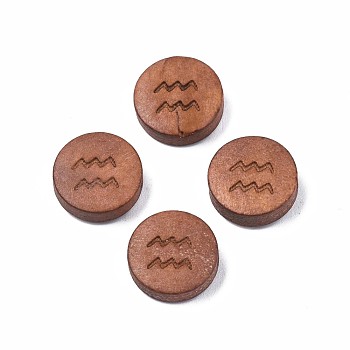 Laser Engraved Wood Beads, Flat Round with 12 Constellations, Dyed, Camel, Aquarius, 12x4mm, Hole: 1.6mm