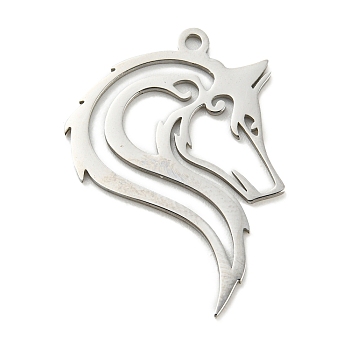 304 Stainless Steel Pendants, Laser Cut, Wolf Head Charm, Stainless Steel Color, 28x20x1mm, Hole: 1.4mm