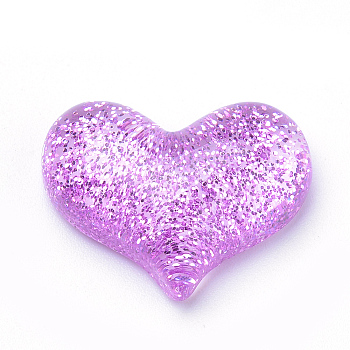 Resin Cabochons, with Glitter Powder, Heart, Medium Orchid, 16.5x21.5x6~7mm