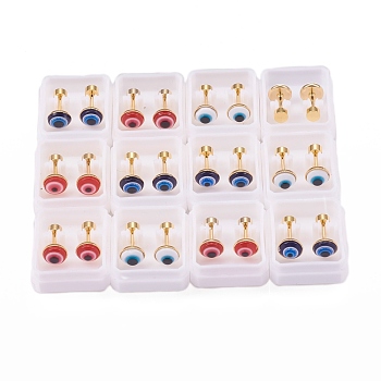 304 Stainless Steel Evil Eye Earlobe Plugs, Screw Back Earrings, with Plastic, Golden, Mixed Color, 12.5mm, Pin: 1mm