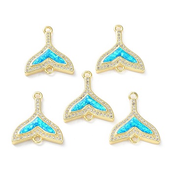 Rack Plating Brass Micro Pave Clear Cubic Zirconia Connector Charms, Fishtail Links with Cyan Synthetic Opal, Cadmium Free & Lead Free, Long-Lasting Plated, Real 18K Gold Plated, 21x18.5x3.5mm, Hole: 1.8mm