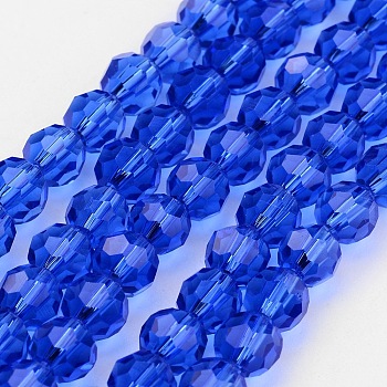 Transparent Glass Bead Strands, Imitate Austrian Crystal, Faceted(32 Facets), Round, Blue, 8mm, Hole: 1mm, about 70~72pcs/strand, 20~21 inch