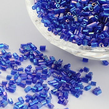 11/0 Two Cut Glass Seed Beads, Hexagon, Trans.Colours Rainbow, Blue, about 2mm long, 2mm wide, hole: 0.5mm, about 4500pcs/50g