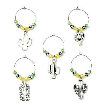 Tibetan Style Alloy Cactus Wine Glass Charms, with Glass Beads and Brass Wine Glass Charm Rings, Antique Silver, 50~57mm