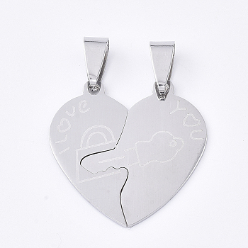 201 Stainless Steel Split Pendants, for Lovers, Heart with Lock & Key & Word I Love You, For Valentine's Day, Stainless Steel Color, 28x28x1mm, Hole: 8x4mm
