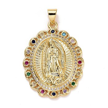 Brass Micro Pave Colorful Cubic Zirconia Pendants, Long-Lasting Plated, Lead Free & Cadmium Free, Oval with Holy Virgin, Religion, Real 18K Gold Plated, 35x23x4mm, Hole: 5x3mm