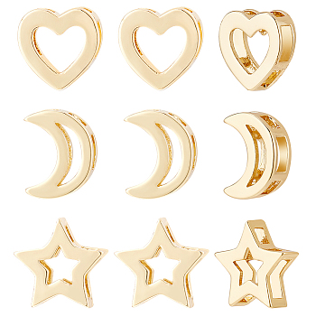 12Pcs 3 Style Brass Slide Charms, Long-Lasting Plated, Star & Moon & Heart, Real 18K Gold Plated, 10~11x8.5~11.5x3.5mm, Hole: 1.5~2x2~5mm, 4pcs/style