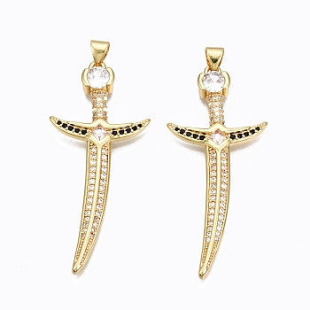 Brass Micro Pave Clear Cubic clear Zirconia Pendants, Nickel free, Sword, Real 16K Gold Plated, 48.5x21x3mm, Hole: 3x5mm