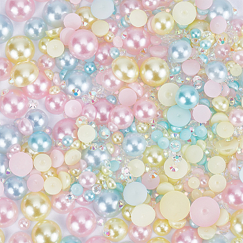 Resin Rhinestone and ABS Cabochons Sets, Half Round, Pink, 3~10x1~5mm