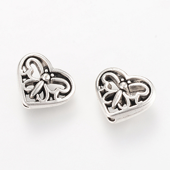 Tibetan Style Alloy Beads, Heart, Cadmium Free & Nickel Free & Lead Free, Antique Silver, 10x12x4mm, Hole: 1.5mm