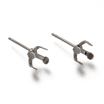 304 Stainless Steel Stud Earring Settings, Prong Earring Settings, Stainless Steel Color, Fit For 6 mm Rhinestone, 15.5x5x6mm, Pin: 0.8mm