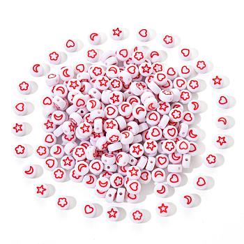 White Opaque Acrylic Beads, Flat Round with Heart & Flower & Moon & Star, FireBrick, 7x4mm, Hole: 1.6mm, 200pcs/set
