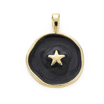 Brass Enamel Pendants, Cadmium Free & Nickel Free & Lead Free, Real 16K Gold Plated, Flat Round with Star, Black, 20.5x15.5x4.5mm, Hole: 2.5x3mm