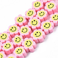 Handmade Polymer Clay Bead Strands, Flower with Smile, Pink, 8~10x8~10x4~5mm, Hole: 1.2~1.6mm, about 38~40pcs/strand, 12.99 inch~15.94 inch(33~40.5cm)(CLAY-N006-73H)