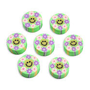 Handmade Polymer Clay Beads, Flat Round with Smiling Face & Flower, Pale Green, 8.5~10x4.5mm, Hole: 1.5mm(CLAY-T019-14G)
