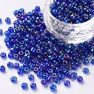 Round Glass Seed Beads, Transparent Colours Rainbow, Round, Blue, 4mm(SEED-A007-4mm-168)