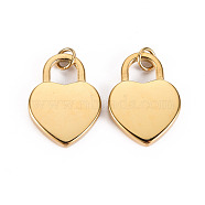304 Stainless Steel Pendants, with Jump Rings, Heart, Real 14K Gold Plated, 20x15x3mm, Jump Ring: 4.8x0.8mm, 3.2mm inner diameter(STAS-S116-128G)